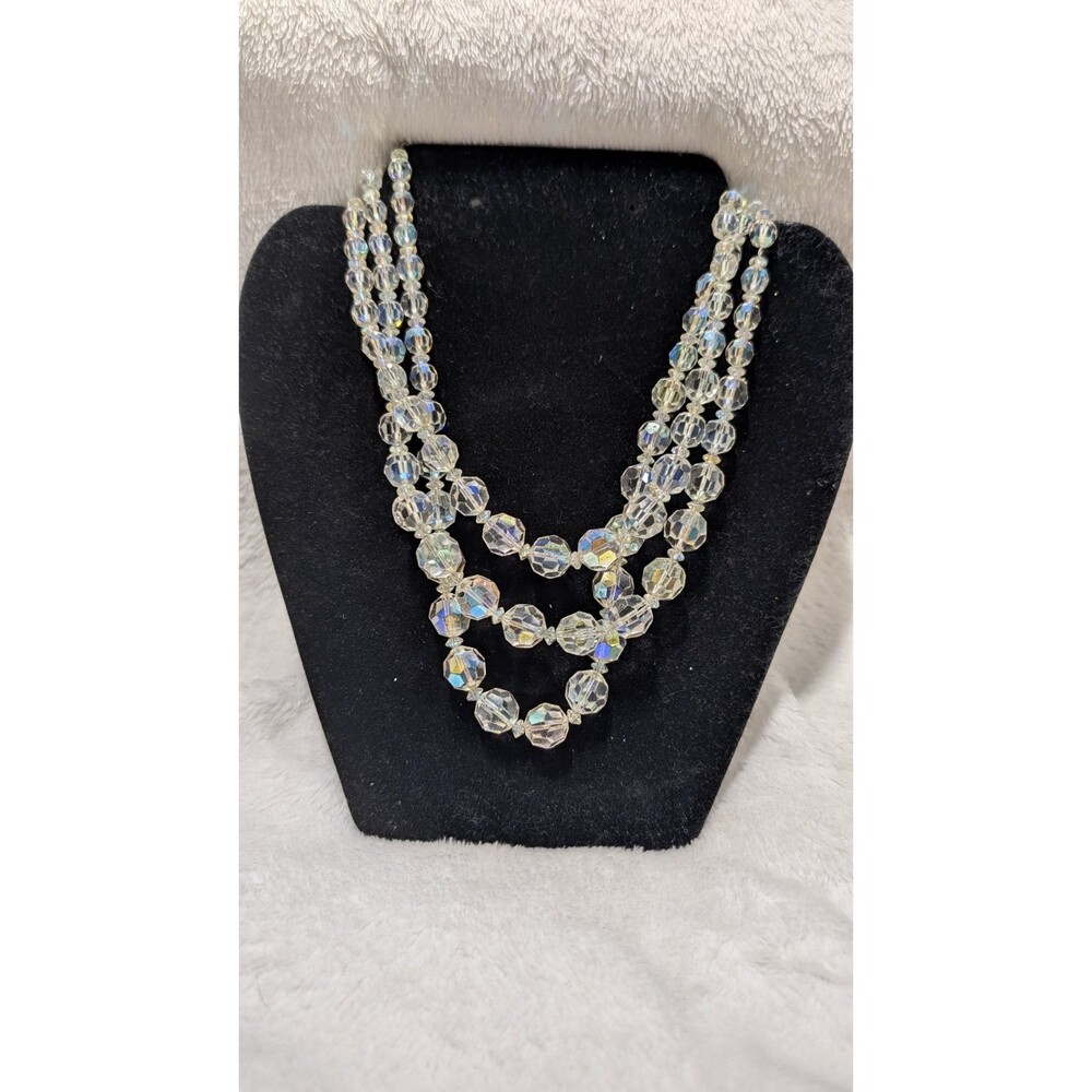 Vintage 3 Strand Clear Faceted Crystal Glass Beaded Necklace Aurora Borealis AB
